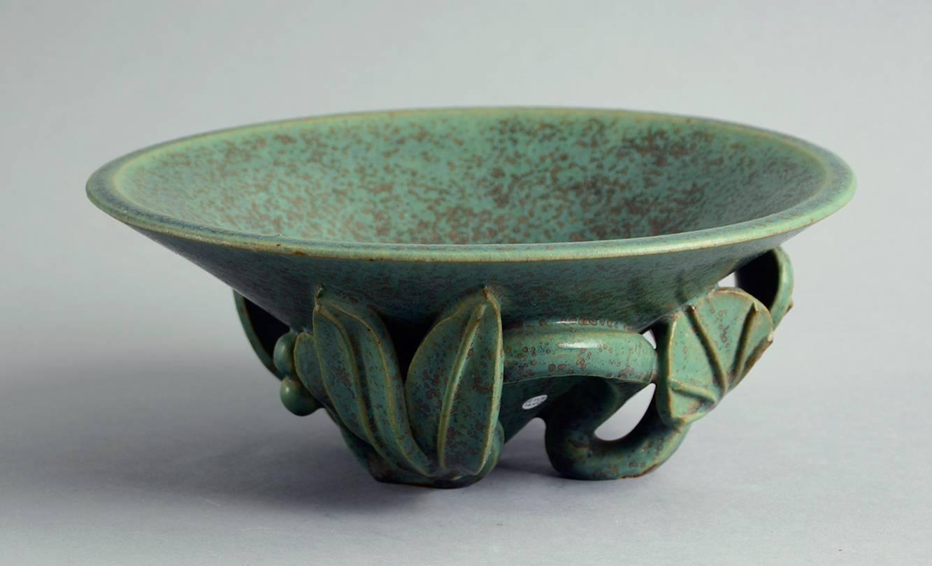 Glazed Stoneware Bowl with Sculptural Base and Green Glaze by Arne Bang, Denmark, 1930s For Sale