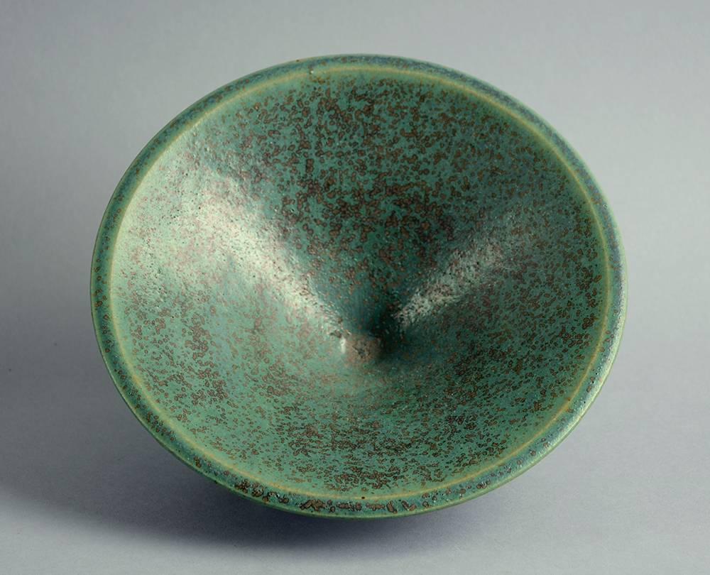 Art Nouveau Stoneware Bowl with Sculptural Base and Green Glaze by Arne Bang, Denmark, 1930s For Sale
