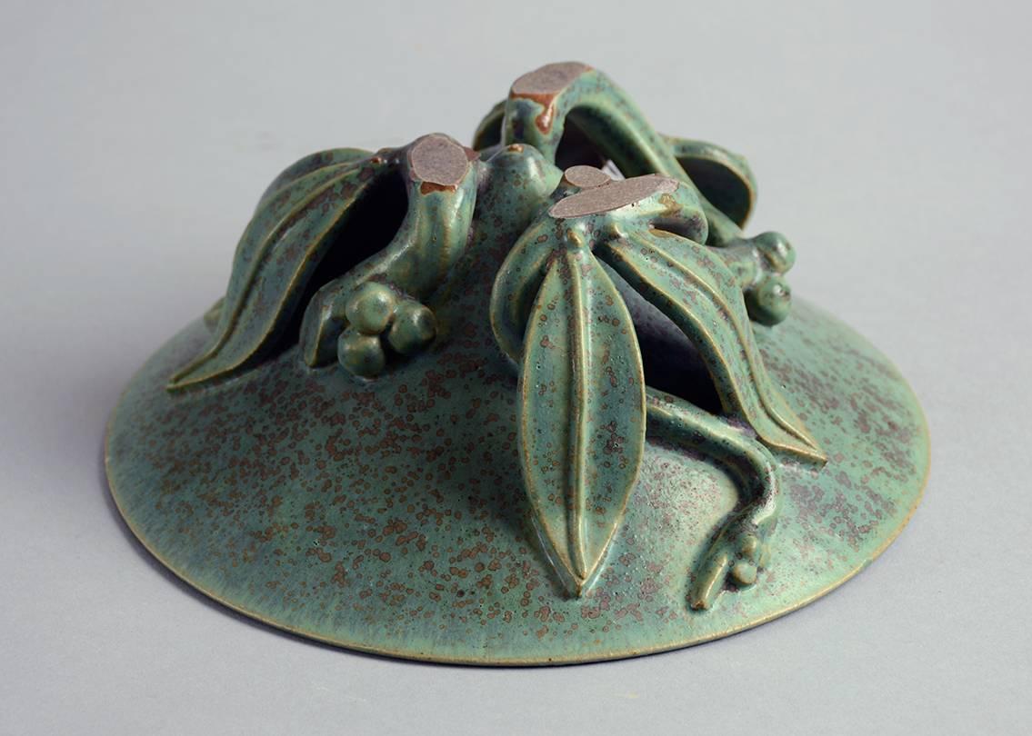 Danish Stoneware Bowl with Sculptural Base and Green Glaze by Arne Bang, Denmark, 1930s For Sale