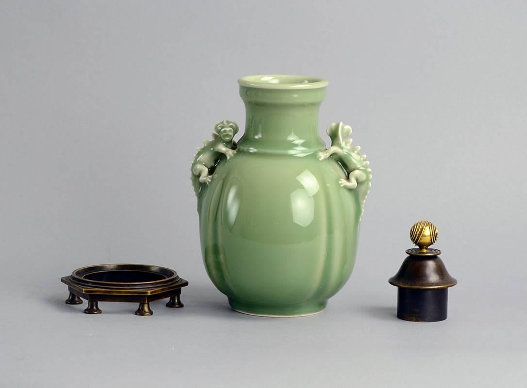 Ceramic Jar with Celadon Glaze, Bronze Lid and Foot, by Bode Willumsen 1930s In Excellent Condition For Sale In New York, NY
