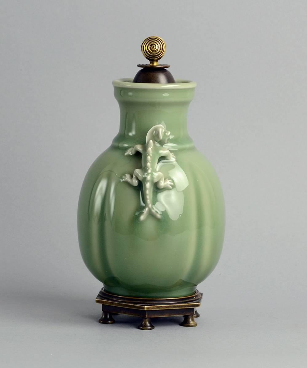 Art Nouveau Ceramic Jar with Celadon Glaze, Bronze Lid and Foot, by Bode Willumsen 1930s For Sale