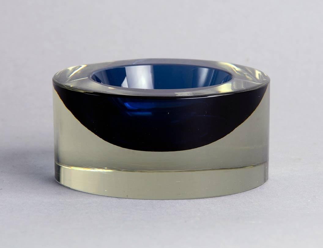 Saara Hopea for Nuutajarvi-Nottsjo, Finland 
 Sommerso bowl in blue and pale gray glass, 1964.
Height 1 3/4