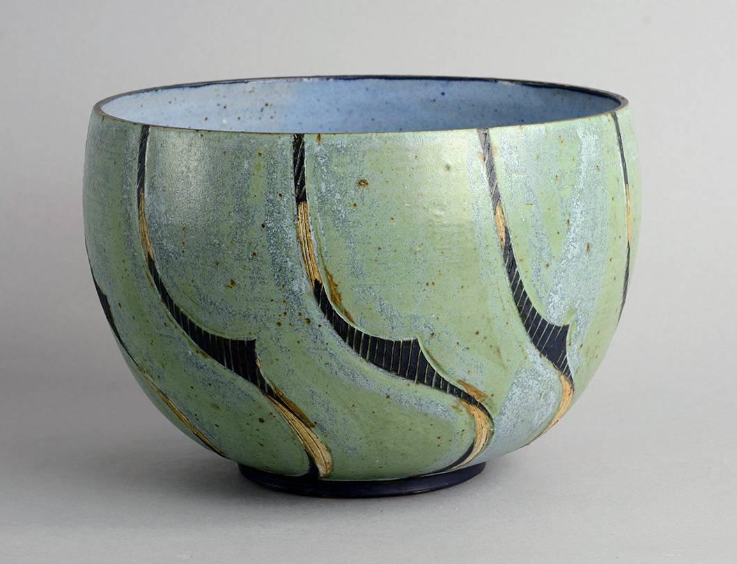 Glazed Unique Stoneware Bowl with Hand-painted Glaze Detail by Julie Hom, Denmark, 1984