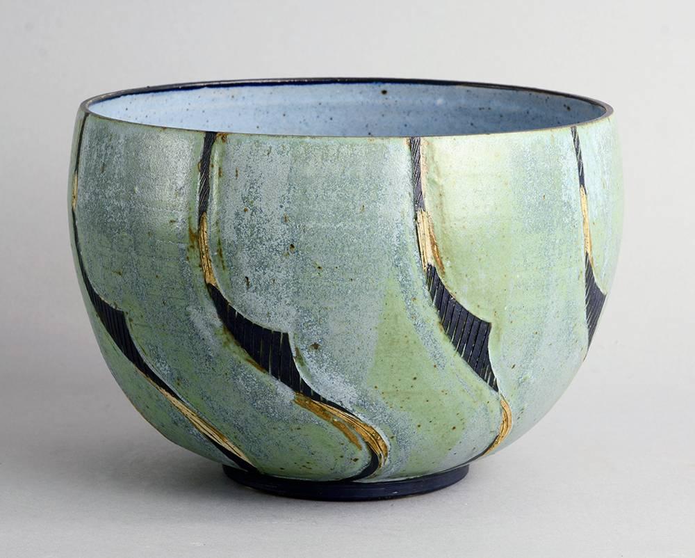 Danish Unique Stoneware Bowl with Hand-painted Glaze Detail by Julie Hom, Denmark, 1984