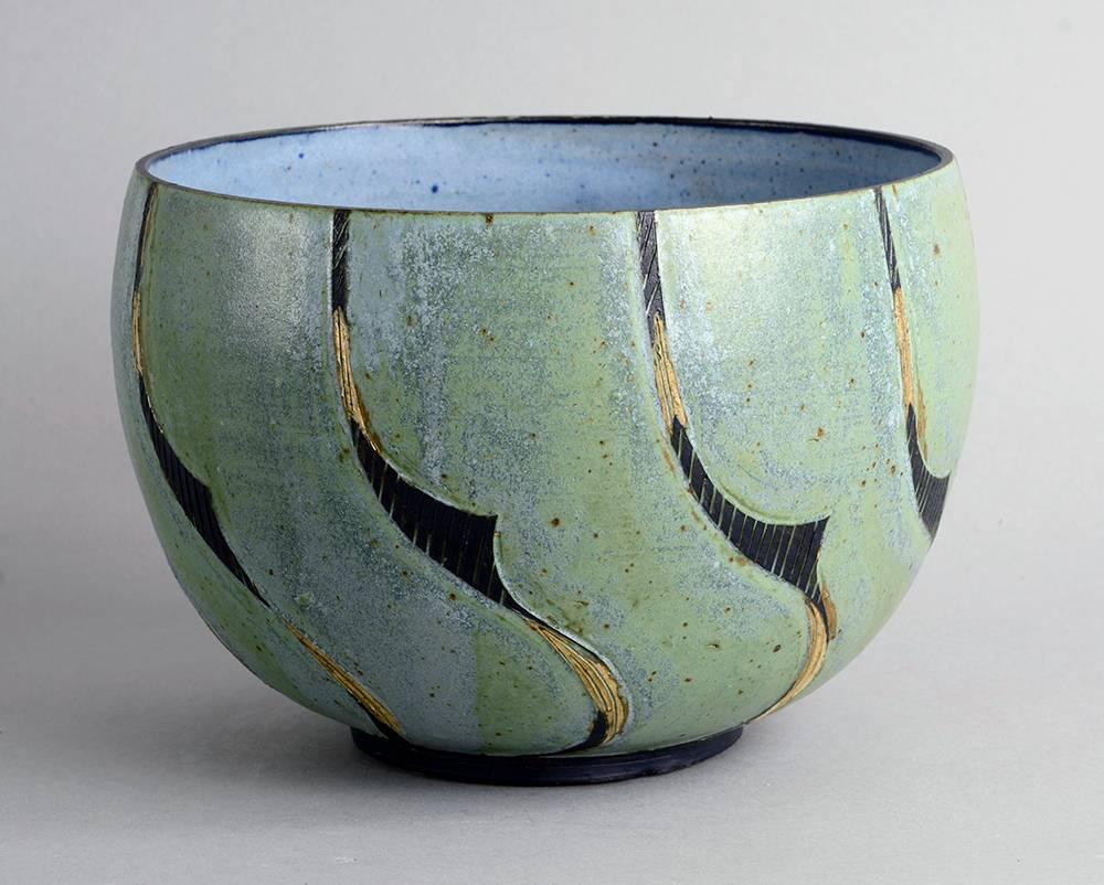 Scandinavian Modern Unique Stoneware Bowl with Hand-painted Glaze Detail by Julie Hom, Denmark, 1984