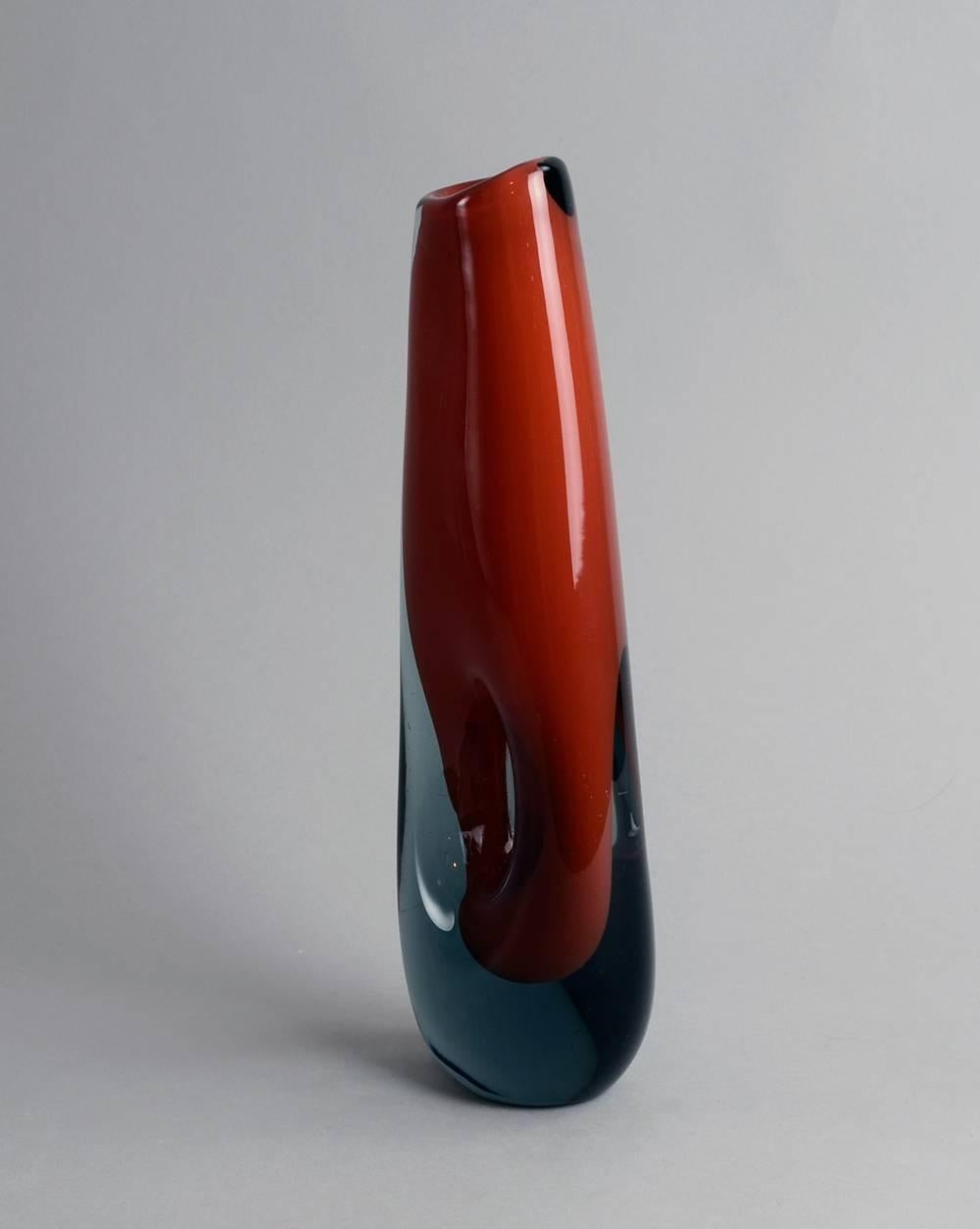 Scandinavian Modern Pierced Vase in Red and Gray Glass by Vicke Lindstrand for Kosta, Sweden, 1955 For Sale