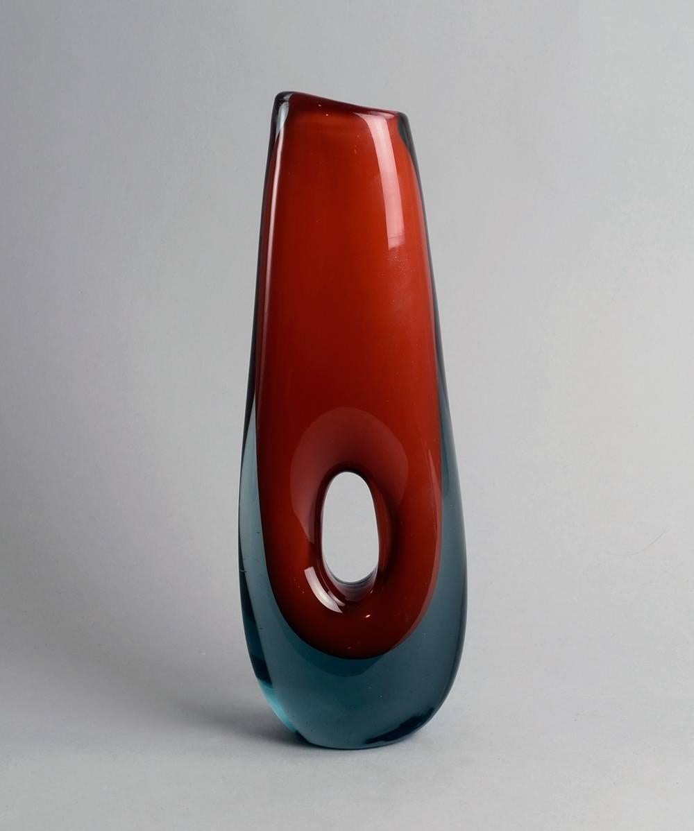 Pierced Vase in Red and Gray Glass by Vicke Lindstrand for Kosta, Sweden, 1955 In Excellent Condition For Sale In New York, NY