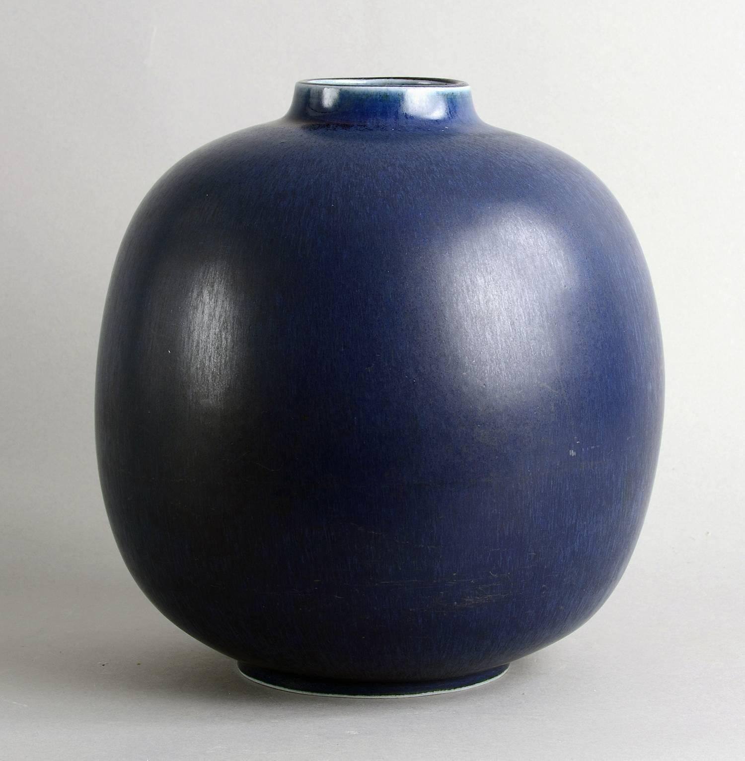 Glazed Large Vase with Blue Haresfur Glaze by Eva Staehr Nielsen for Saxbo, 1940s For Sale