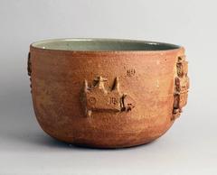 Very Large Unique Stoneware Bowl with Applied Figures by Stig Lindberg, 1961