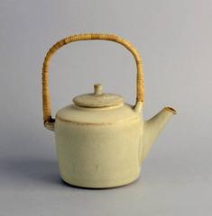 Stoneware Teapot with Wicker Handle by Palshus, Denmark, 1950s-1960s