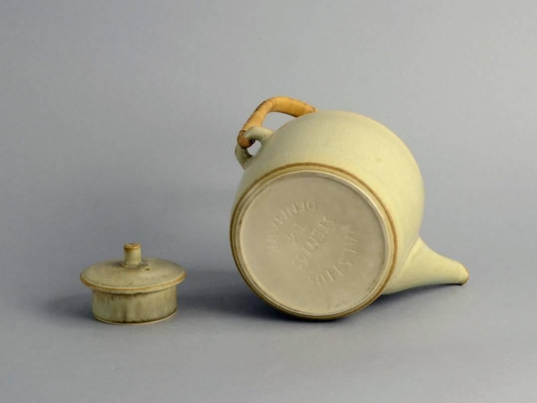 Scandinavian Modern Stoneware Teapot with Wicker Handle by Palshus, Denmark, 1950s-1960s For Sale