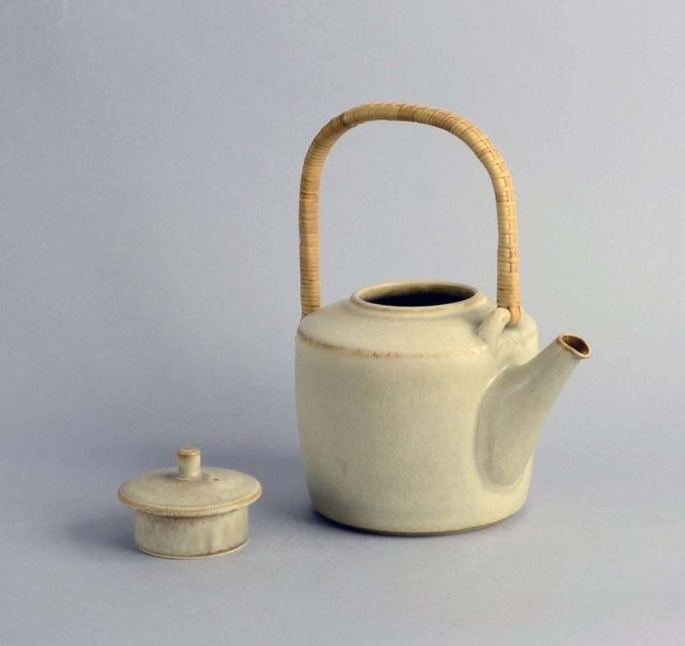 Danish Stoneware Teapot with Wicker Handle by Palshus, Denmark, 1950s-1960s For Sale