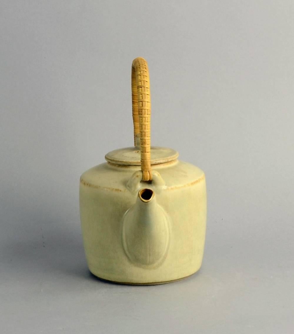 Glazed Stoneware Teapot with Wicker Handle by Palshus, Denmark, 1950s-1960s For Sale