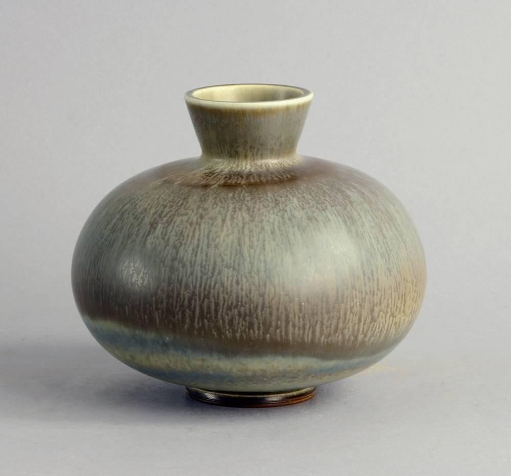 Glazed Unique Stoneware Vase with Gray Haresfur Glaze by Berndt Friberg for Gustavsberg For Sale