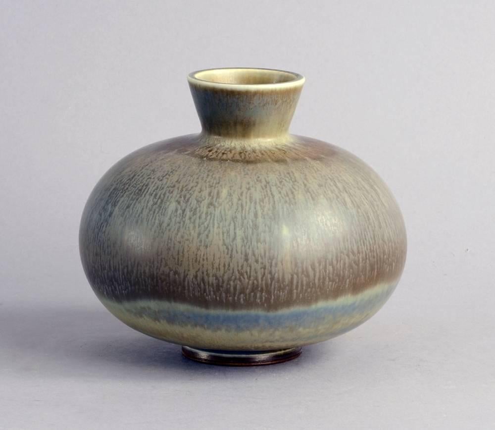 Swedish Unique Stoneware Vase with Gray Haresfur Glaze by Berndt Friberg for Gustavsberg For Sale