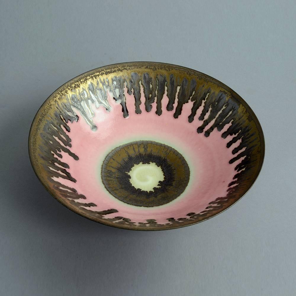 Contemporary Porcelain Bowl with Dripping Metallic Glaze by Peter Wills, UK