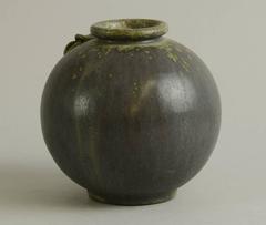 Stoneware Vase with Olive Crystalline Glaze and Applied Twig by Arne Bang, 1930s