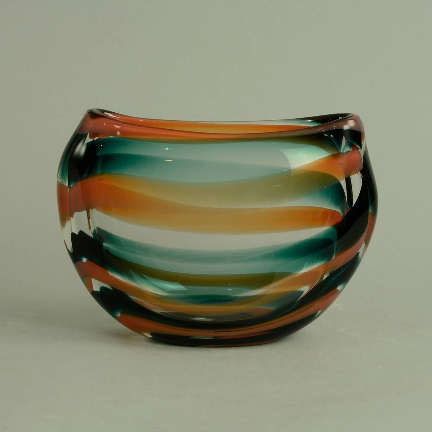 Glass Vase in Green, Orange and Clear Glass by Floris Meydam for Leerdam In Excellent Condition For Sale In New York, NY