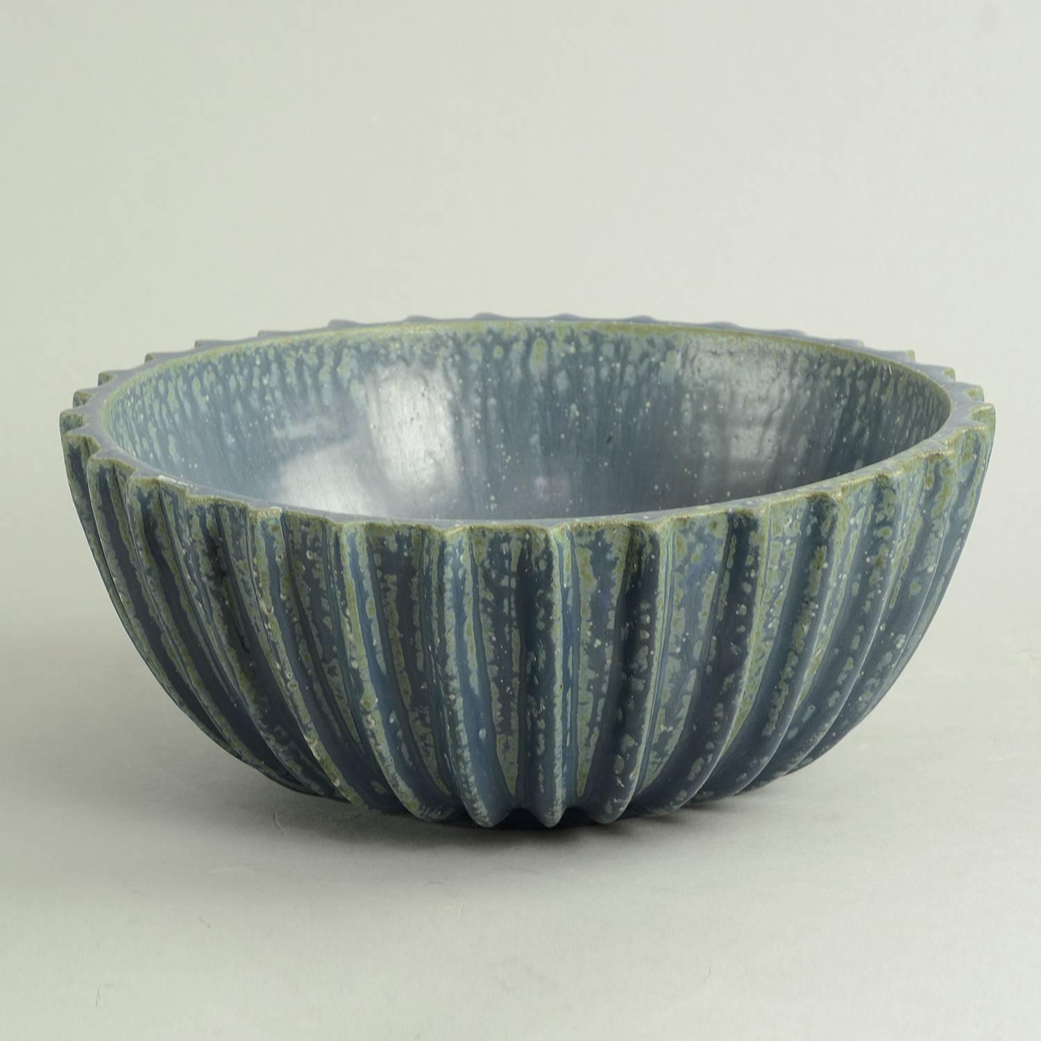 Art Deco Large Ribbed Bowl with Blue Glaze by Arne Bang, Own Studio, Denmark For Sale