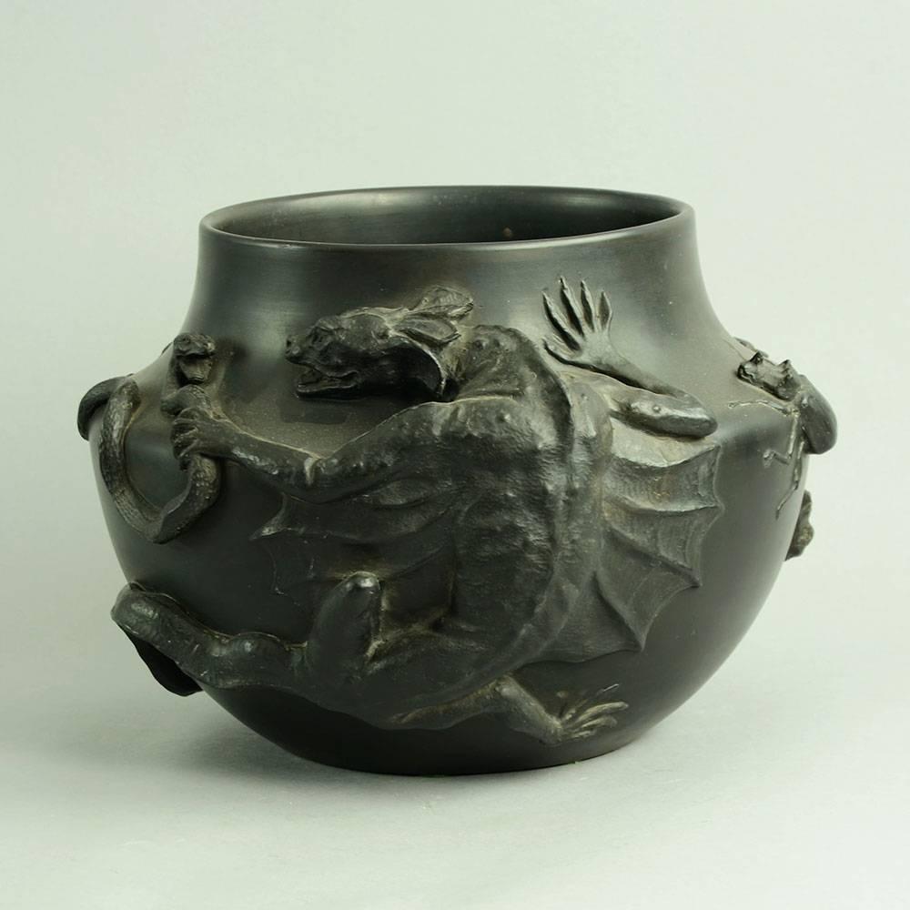 Dragon Vase with Black Basalt Glaze by P Ipsen, Denmark, 1870s In Excellent Condition For Sale In New York, NY