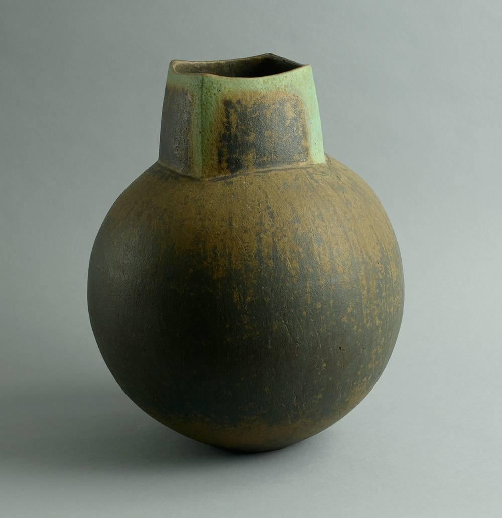 Unique stoneware vase with charcoal and green matte glaze.