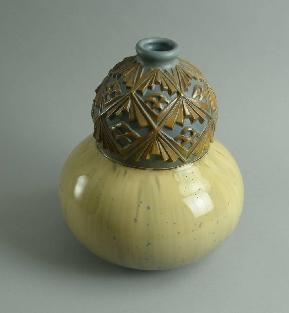 French Hand-Carved Stoneware Vase by Joseph Mougin For Sale