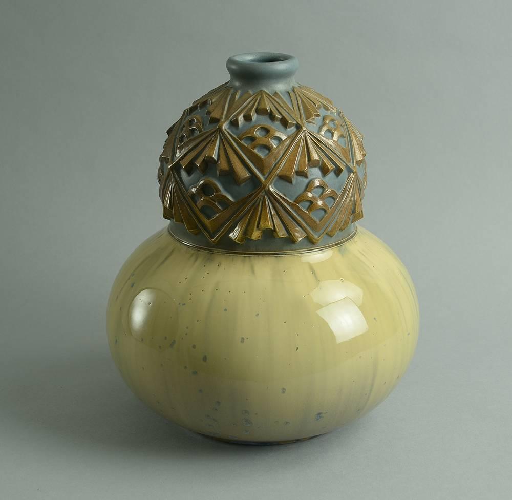 Hand-Carved Stoneware Vase by Joseph Mougin In Excellent Condition For Sale In New York, NY