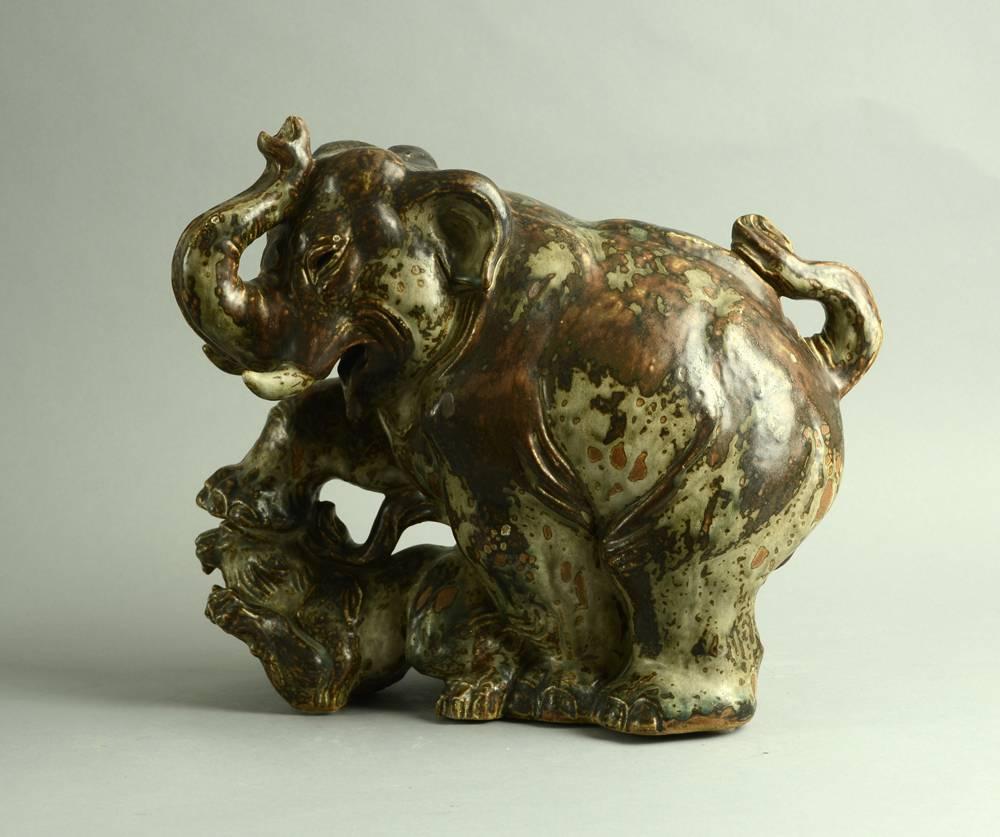 Arts and Crafts Large Stoneware Elephant Fighting a Tiger by Knud Kyhn for Royal Copenhagen For Sale