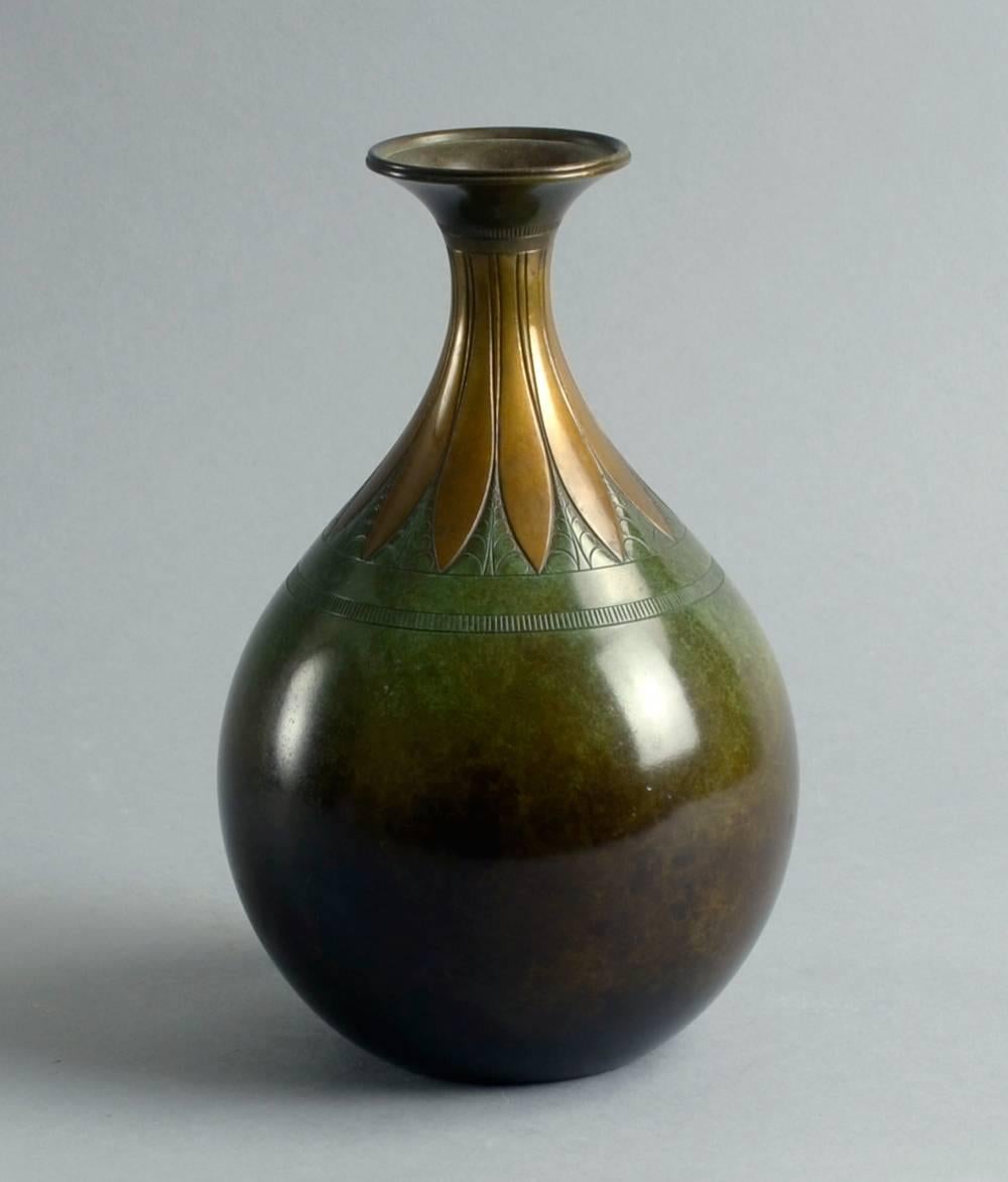 Bronze vase with excellent patina to body and non-patinated inlay decoration to collar, 1930s.