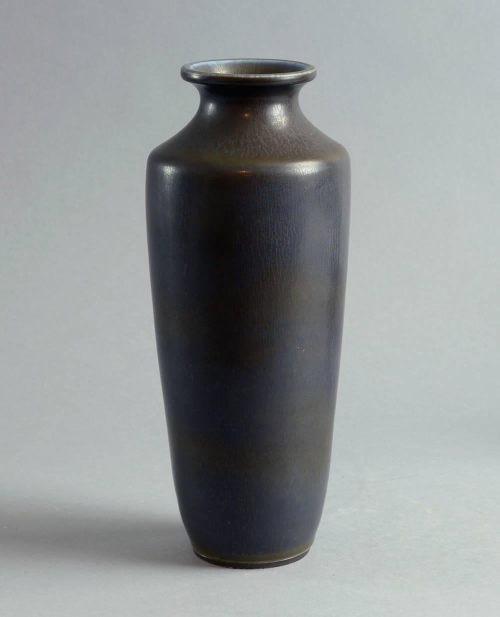 Unique stoneware vase with matte dark blue and brown hare's fur glaze, 1964.