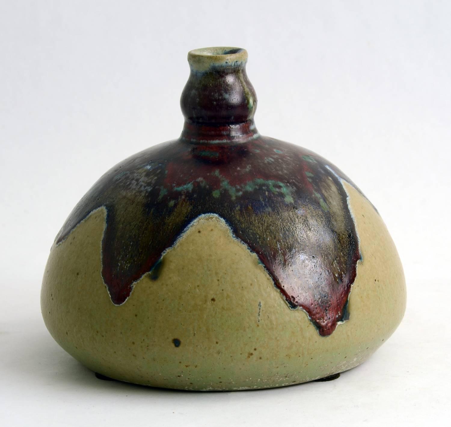 Unique stoneware bottle vase with dripping oxblood glaze to shoulder, 1914.