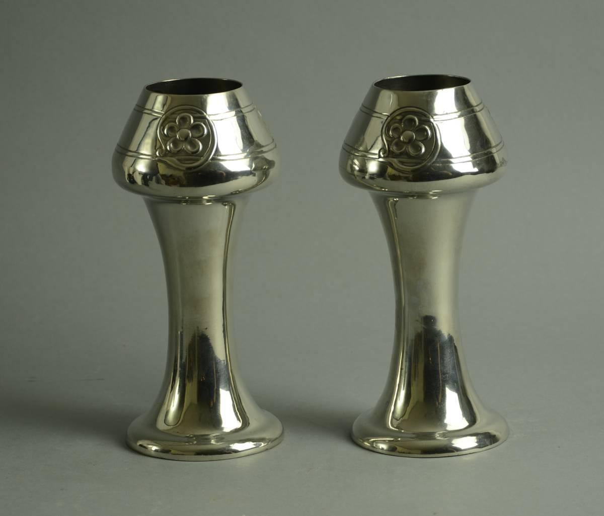 Art Nouveau Pair of Vases in Pewter by Archibald Knox, Tudric, UK