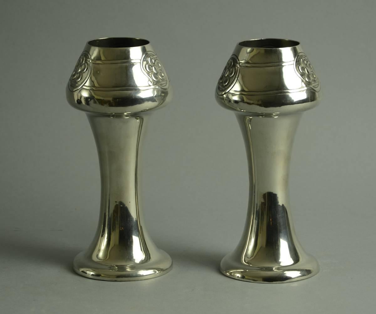 English Pair of Vases in Pewter by Archibald Knox, Tudric, UK
