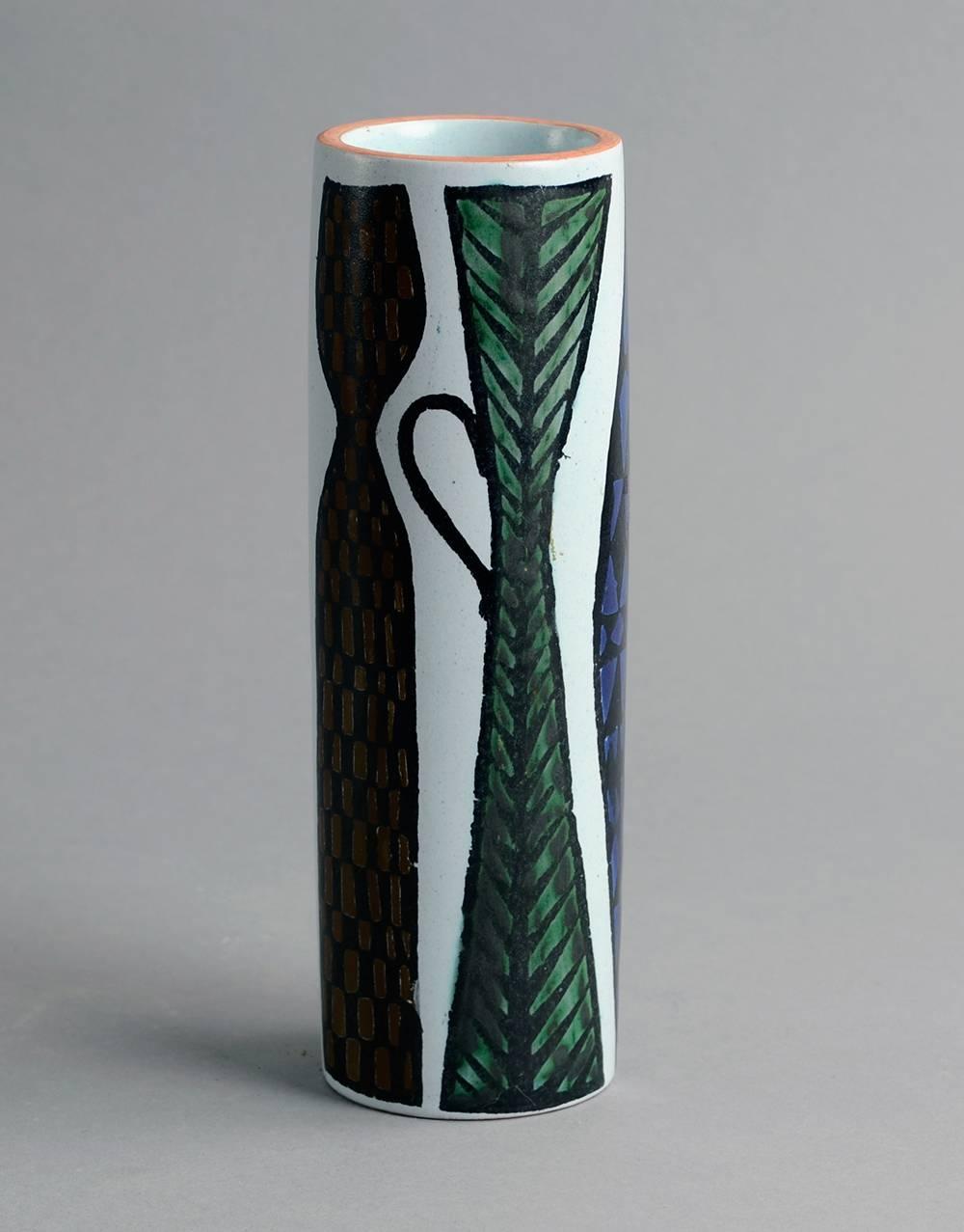 1. "Karneval" earthenware vase with white tin glaze and hand-painted illustration to body, 1960s.
Measures: Height 8 1/4" (21cm), width 2 1/2" (6.5cm). No. A1745.

2. "Faience" vase, earthenware with white tin glaze,