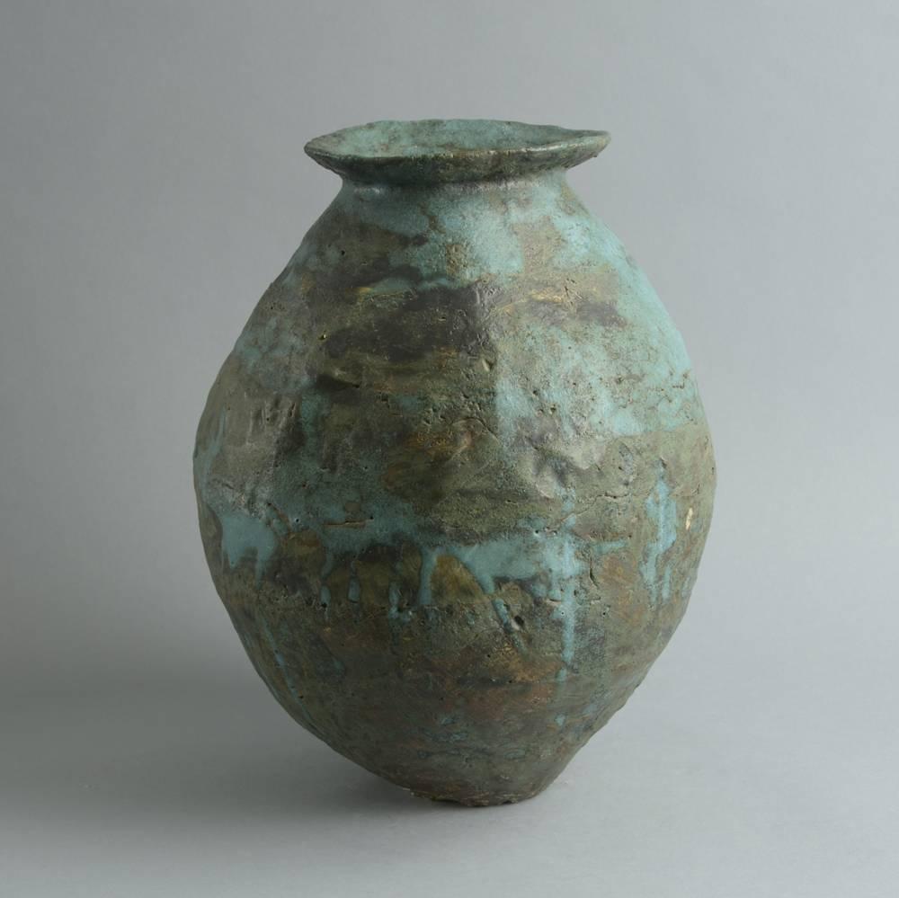 Unique, hand built mixed clay (stoneware and porcelain) vessel in shades of blue and gray, 1980s.