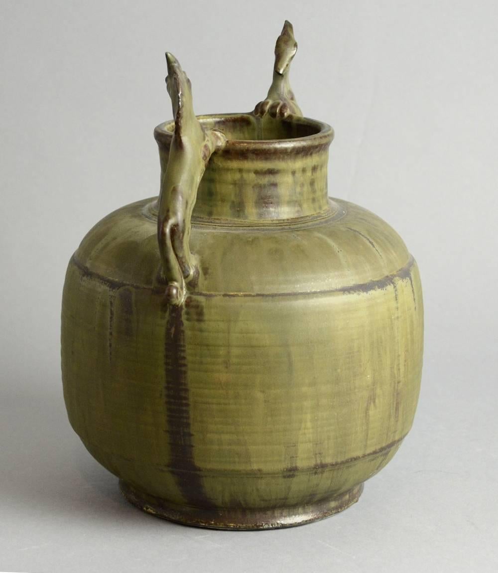 Danish Unique Stoneware Vase with Horse Handles by Carl Halier For Sale