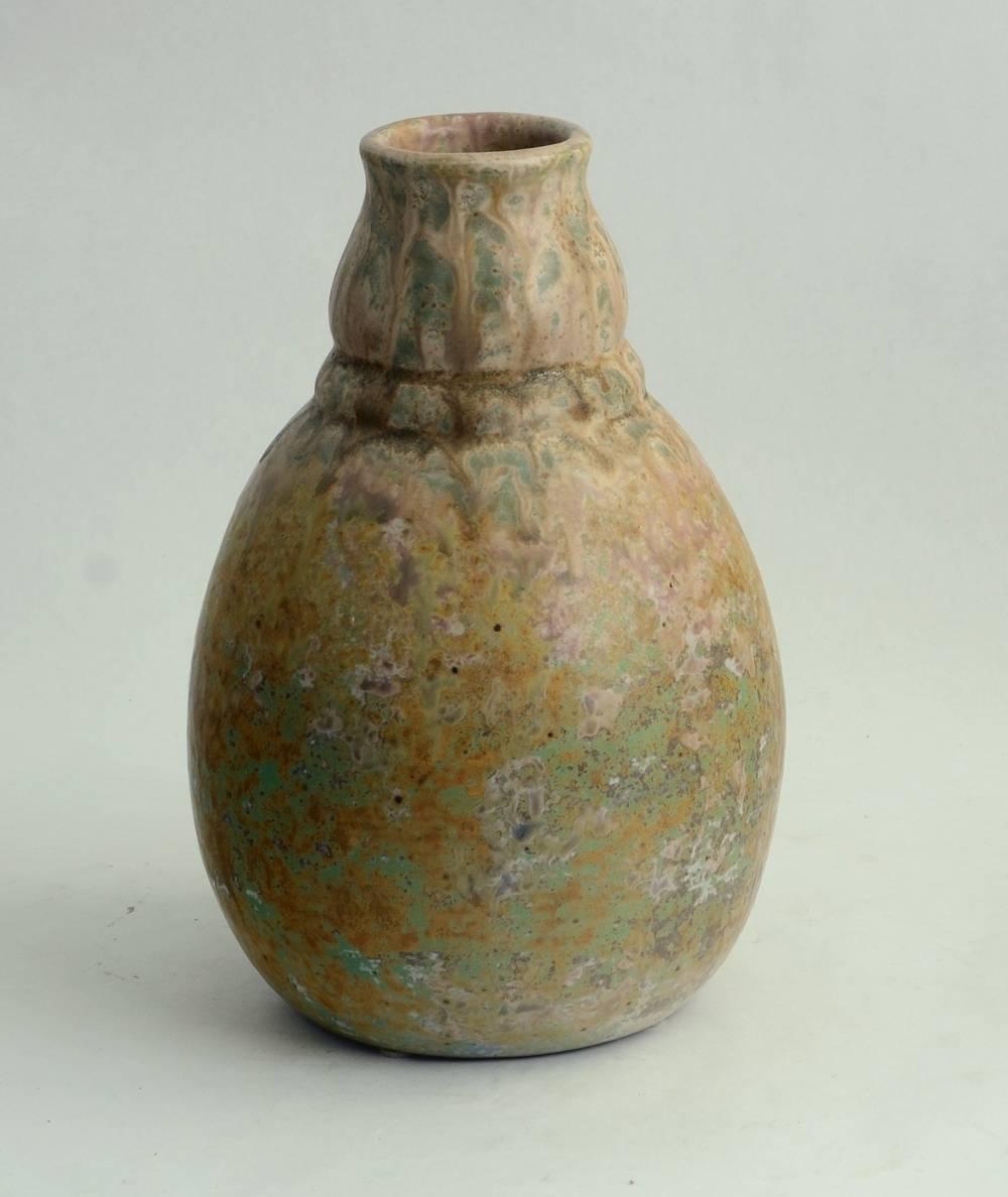 Unique stoneware vase with green; brown and yellow ochre hues, 1916.