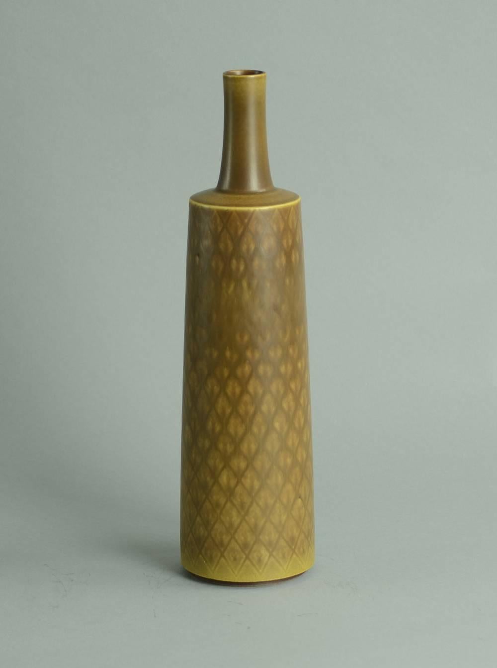 Unique stoneware vase with pattern to body with matte brown haresfur glaze, 1956.