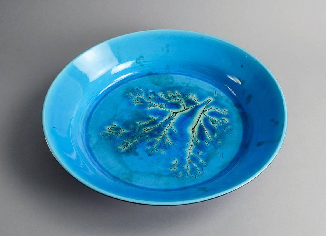 Glazed Bowl with impressed plant design, turquoise glaze by Toini Muona  For Sale