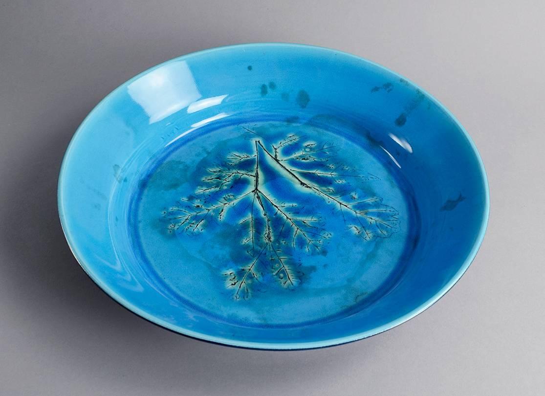 Finnish Bowl with impressed plant design, turquoise glaze by Toini Muona  For Sale