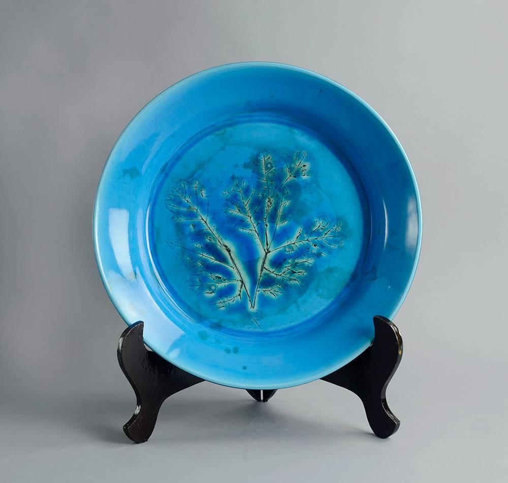 Mid-Century Modern Bowl with impressed plant design, turquoise glaze by Toini Muona  For Sale