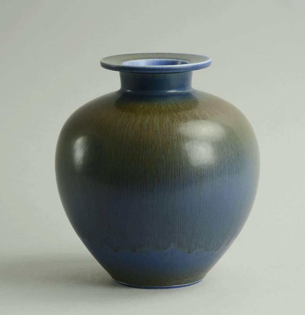 Scandinavian Modern Large Vase with Blue Haresfur Glaze by Berndt Friberg For Sale