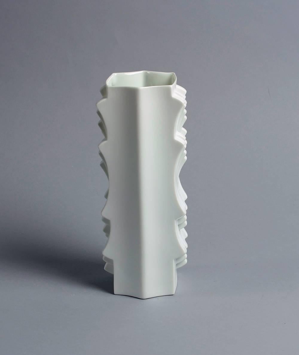 Heinrich Fuchs for Lorenz Hutschenreuther, Germany 

"Archais" porcelain vase with matte white glaze, 1960s.
Measures: Height 12" (30cm) Width 4 1/4" (10.5cm) Depth 4 1/2" (11.5cm)
Printed "1814 HUTSCHENREUTHER