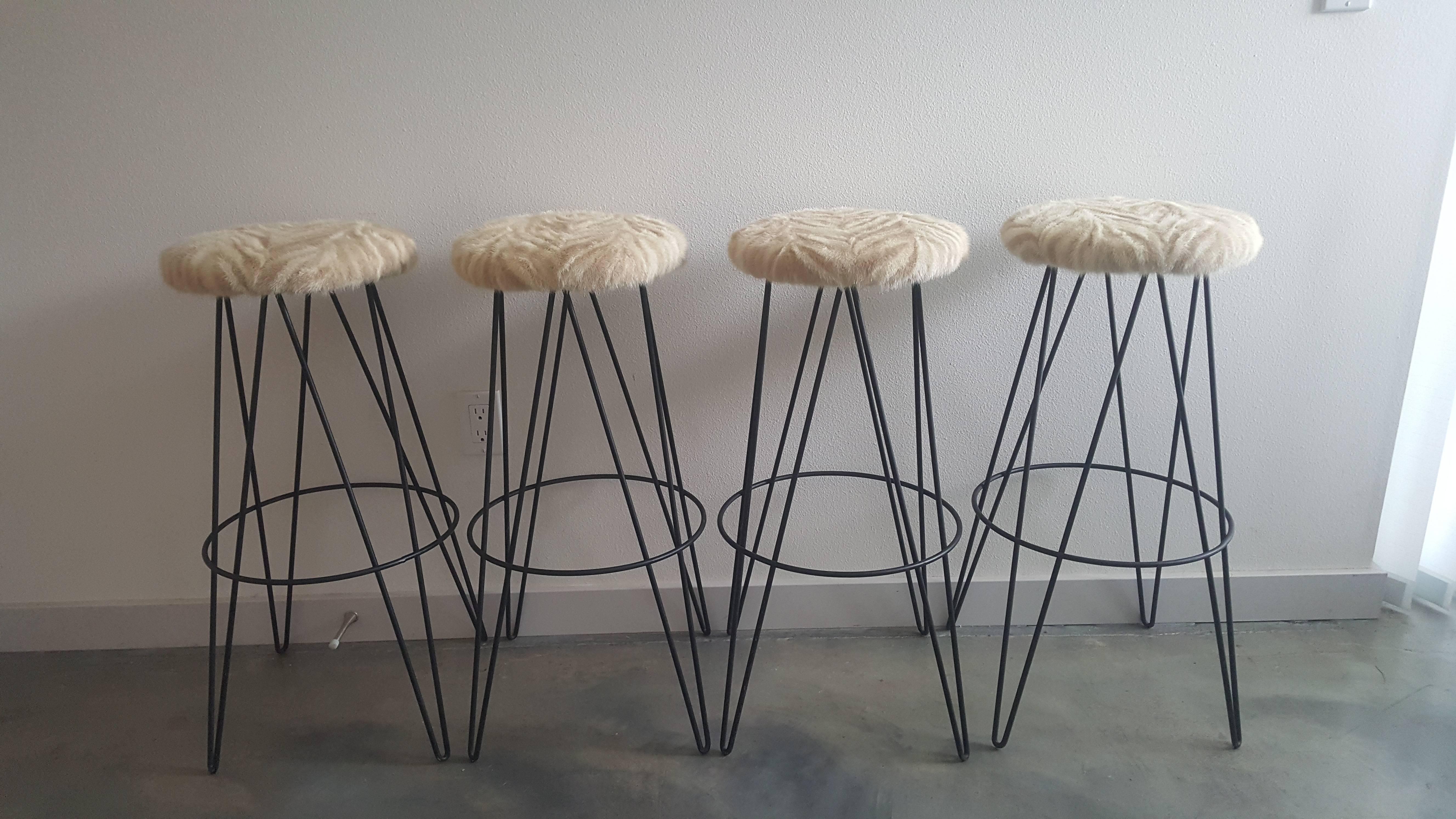 Mid-Century Modern Set of Four Thinline of California Mink Upholstered Bar Stools