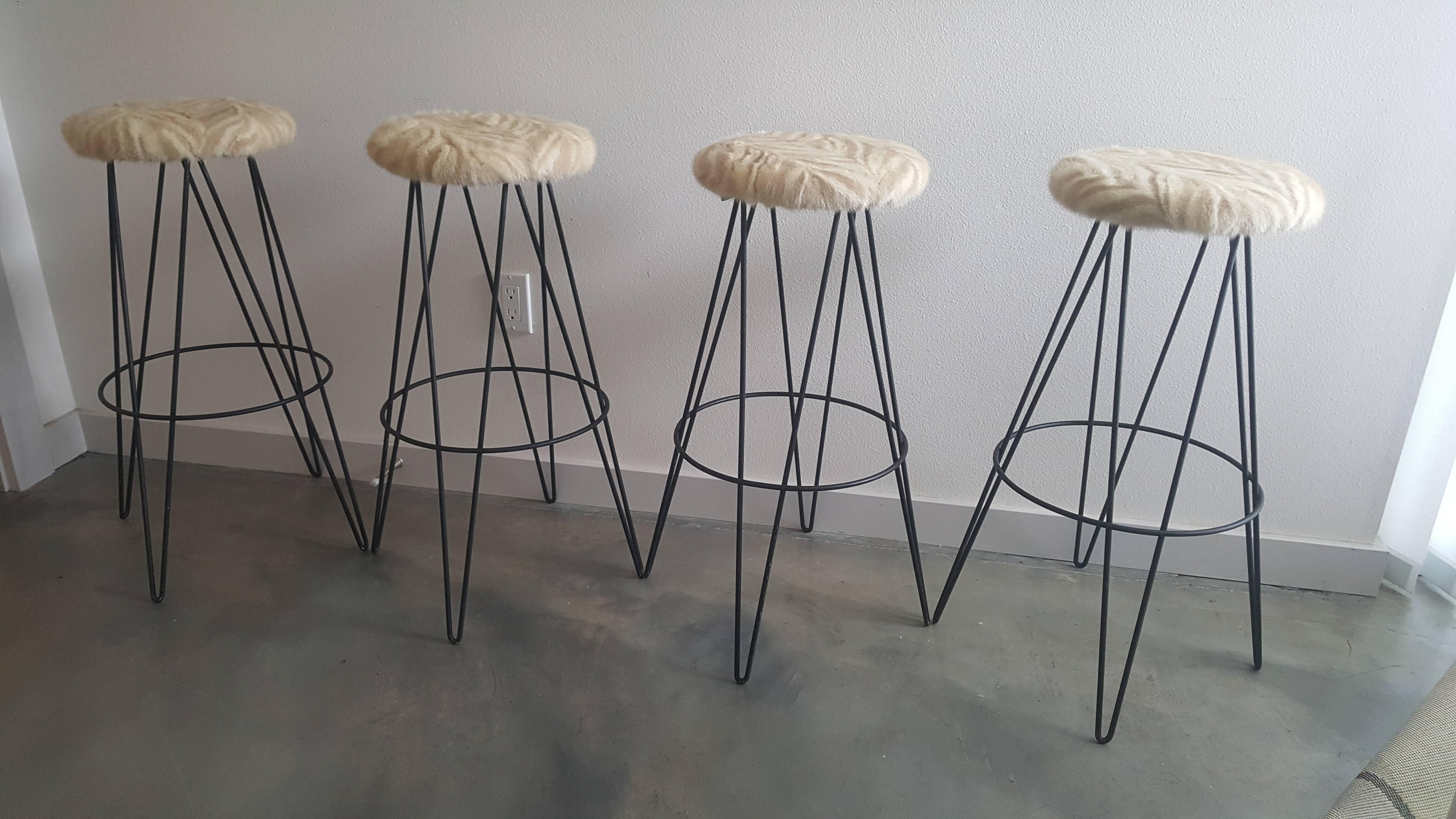 Mid-20th Century Set of Four Thinline of California Mink Upholstered Bar Stools