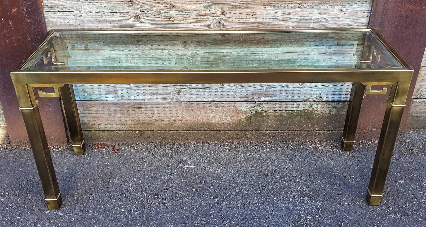 Hollywood Regency Long Mastercraft Brass and Glass Greek Key Console Table