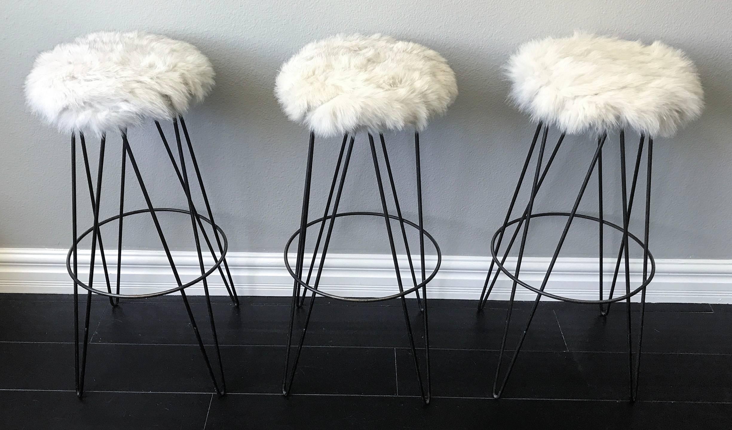 Mid-Century Modern Set of Three Thinline of California Barstools in Fox Fur