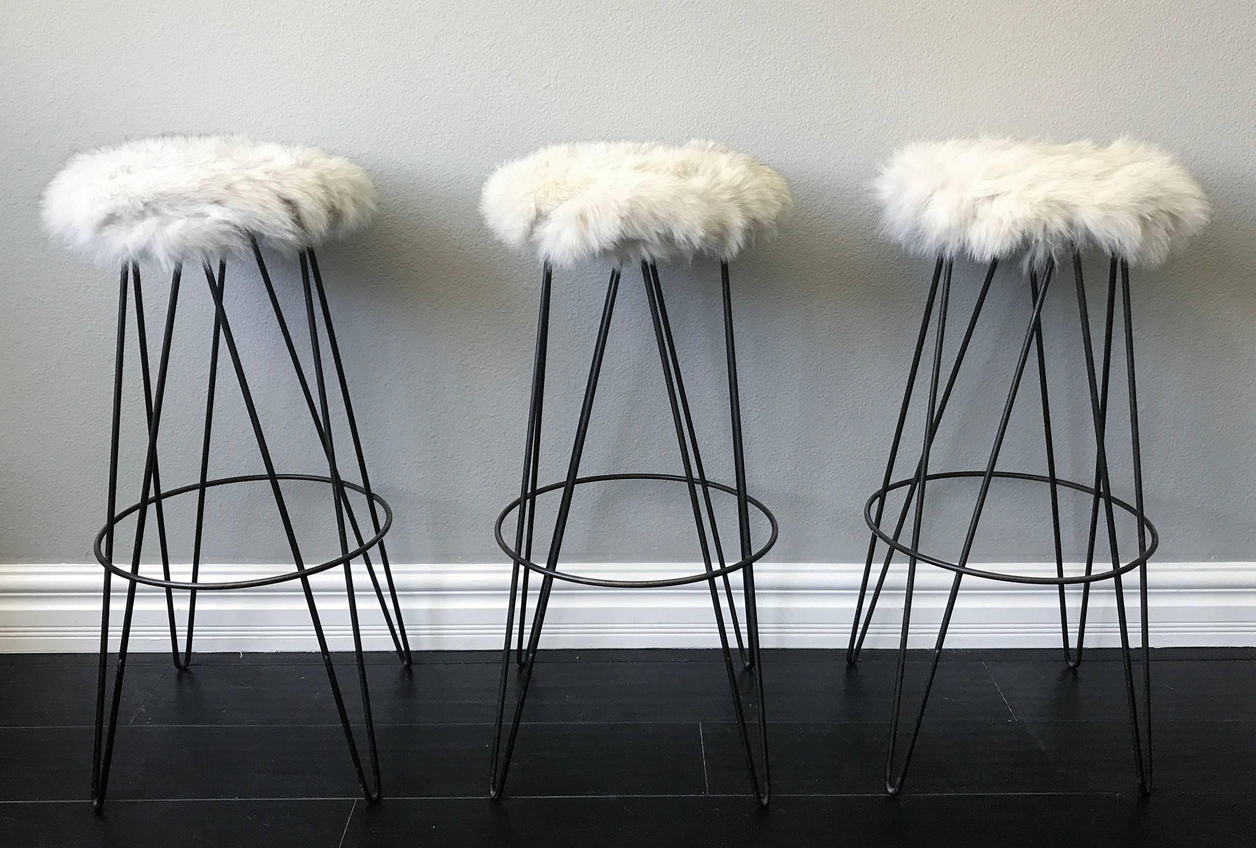 American Set of Three Thinline of California Barstools in Fox Fur
