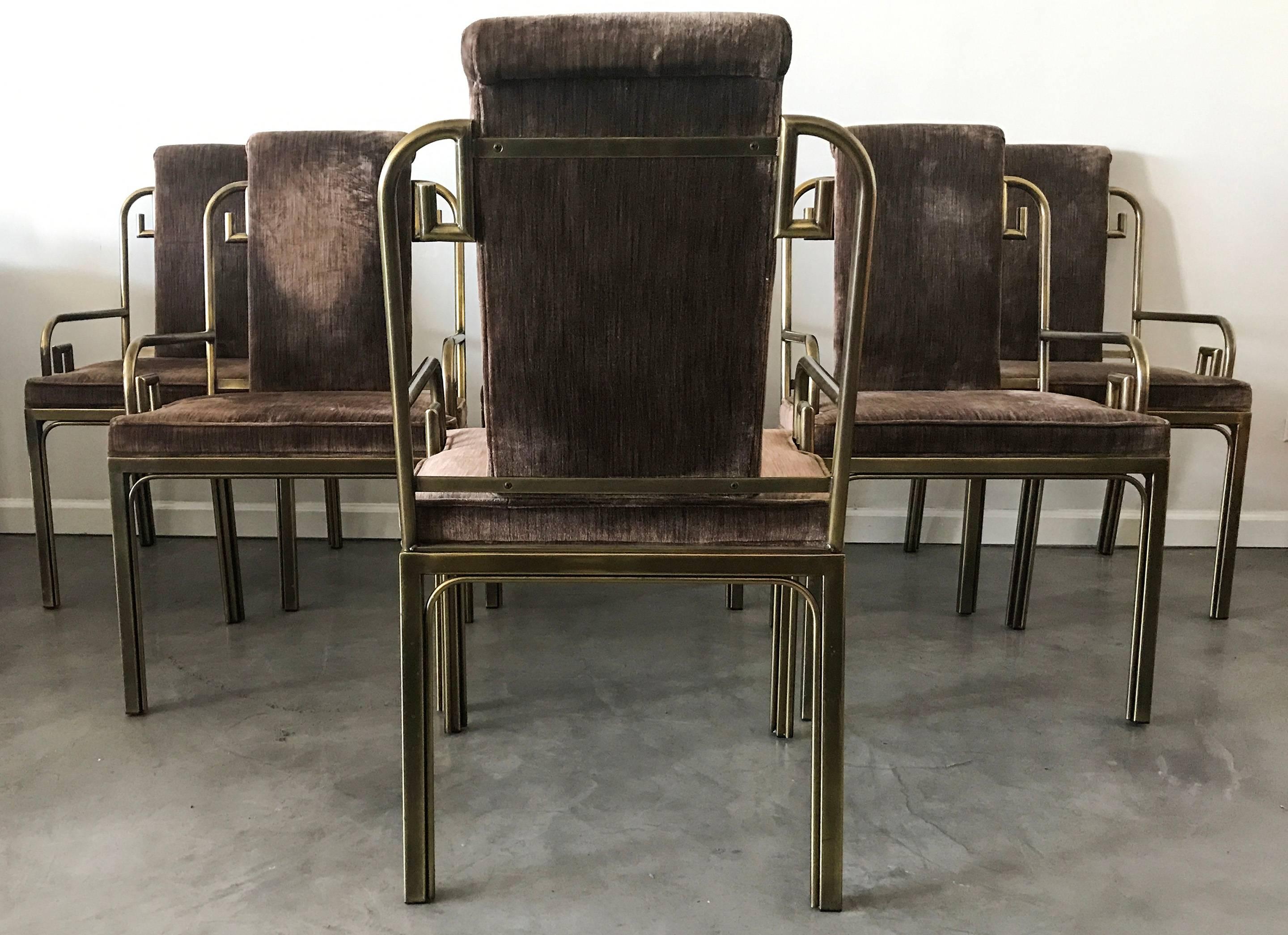 Hollywood Regency Set of Six Mastercraft Brass Greek Key Dining Chairs