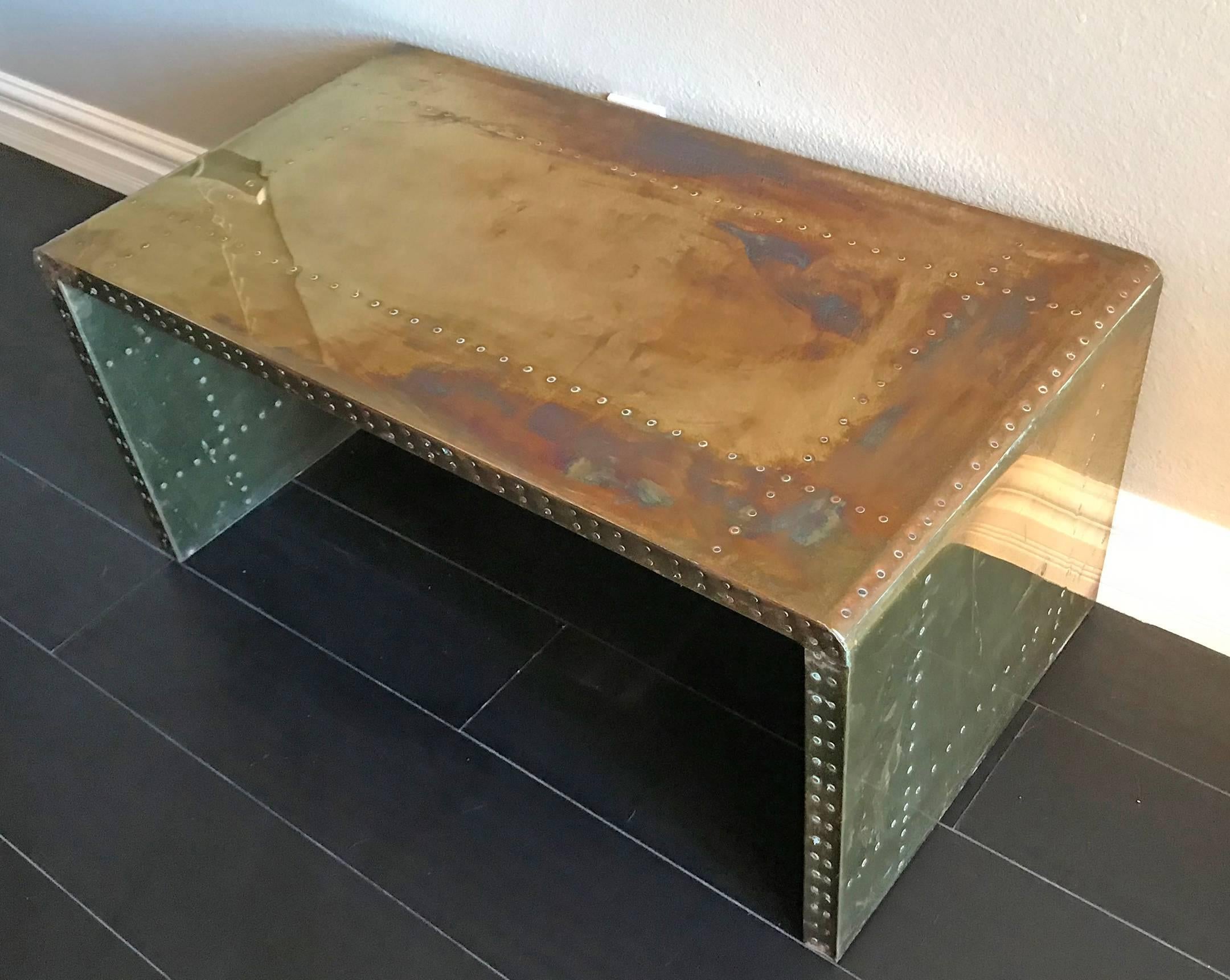 Sarreid Ltd Brass Clad Coffee Table In Distressed Condition In Culver City, CA